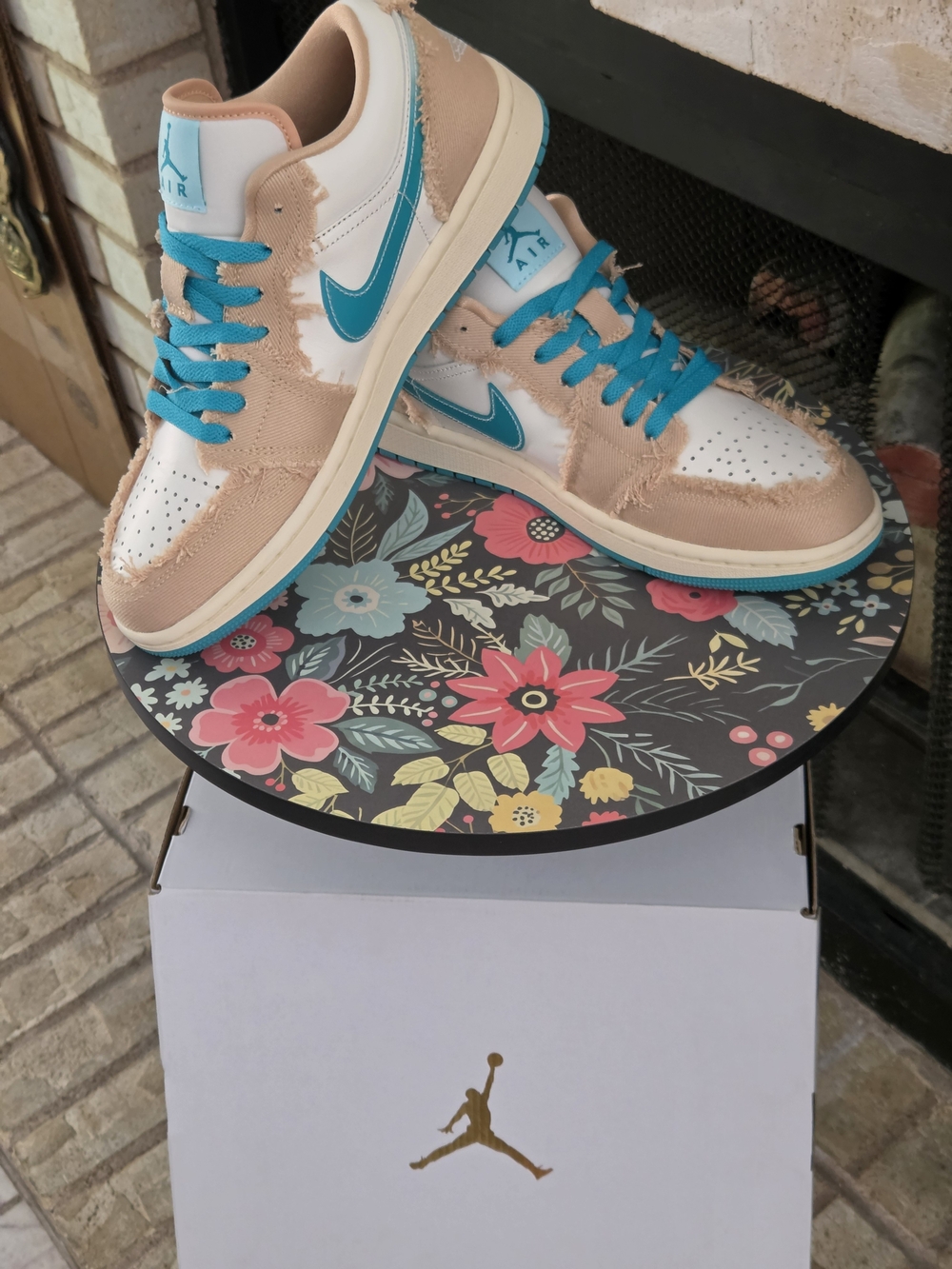 Brand New AJ1-Low Sneakers In Frayed Beige & Teal Accents